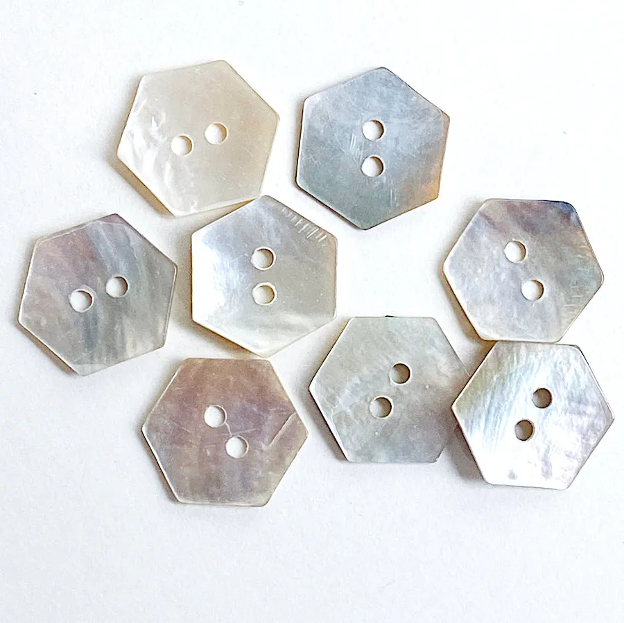 Hexagon Moonrise Mother of Pearl Buttons 1/2" / 9/16", Iridescent, Pack of 12 for $5.00  #LP-09/12