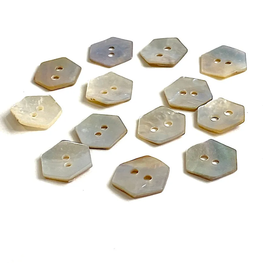 Hexagon Moonrise Mother of Pearl Buttons 7/16"- 1/2", Iridescent, Pack of 12 for $5.00  #LP-10