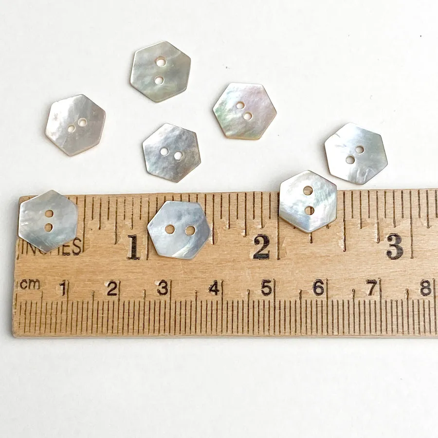 Hexagon Moonrise Mother of Pearl Buttons 7/16"- 1/2", Iridescent, Pack of 12 for $5.00  #LP-10