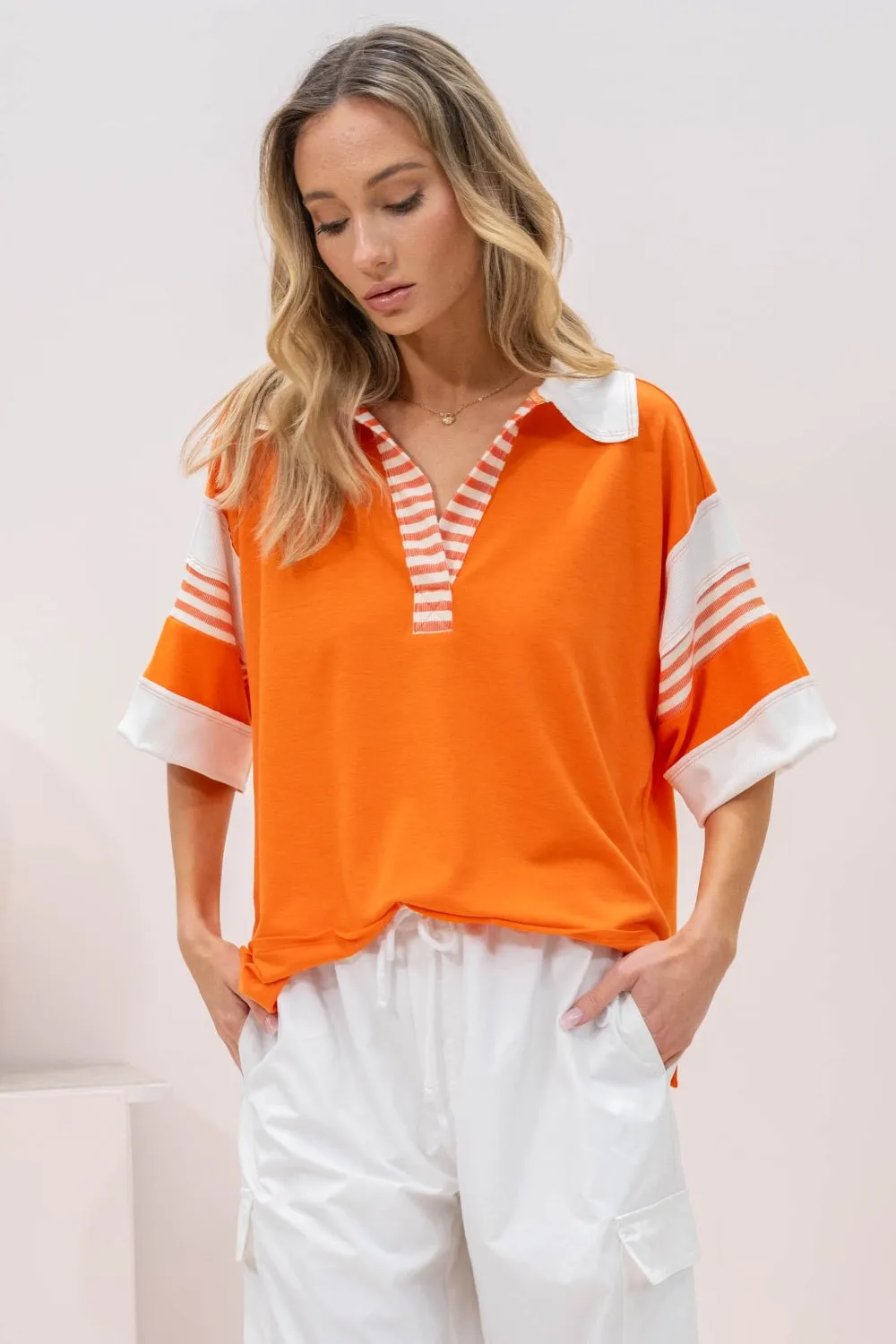 Hot Girl Hailey & Co Full Size Contrast Stripe Polo In Orange Short Sleeve Shirt