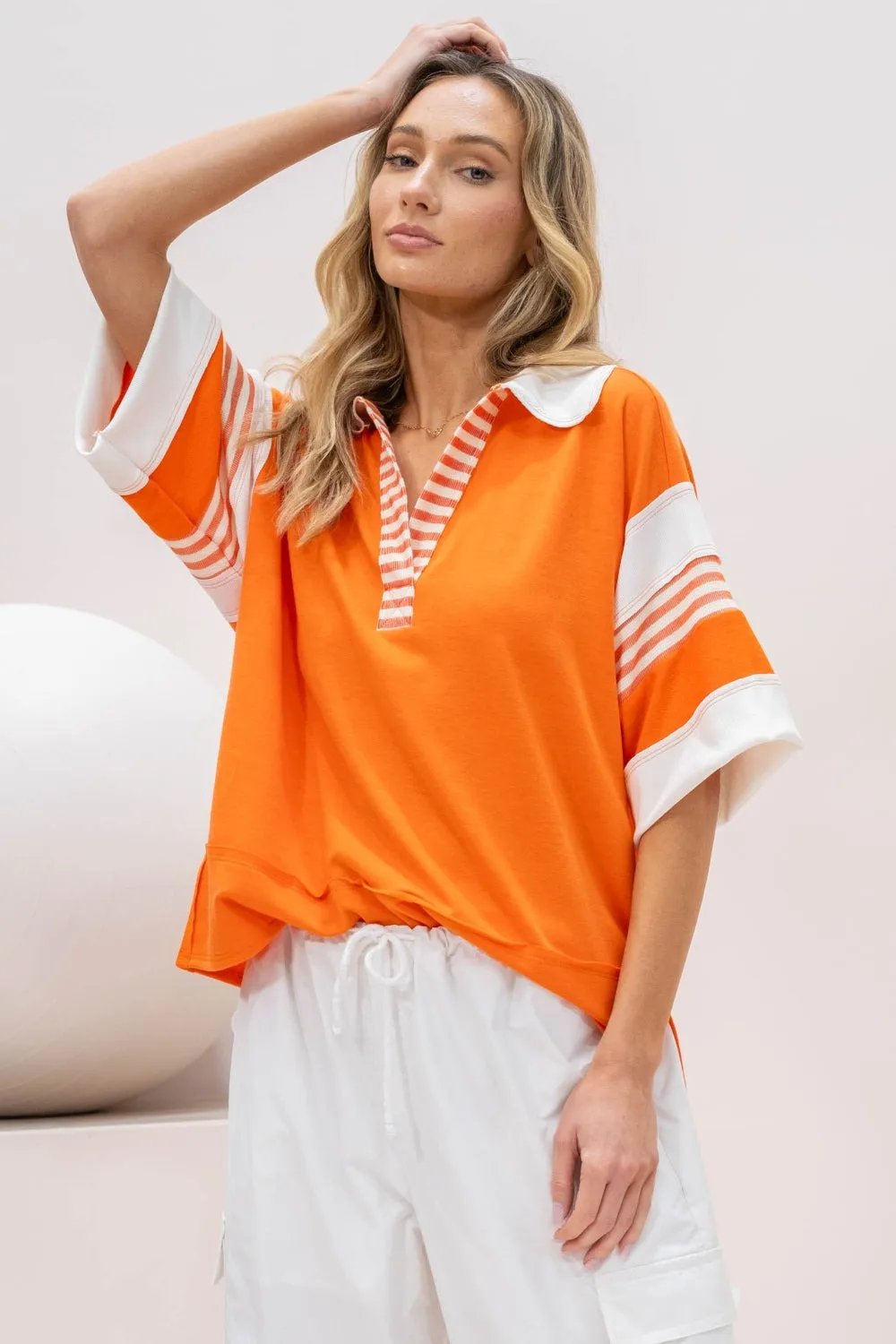 Hot Girl Hailey & Co Full Size Contrast Stripe Polo In Orange Short Sleeve Shirt