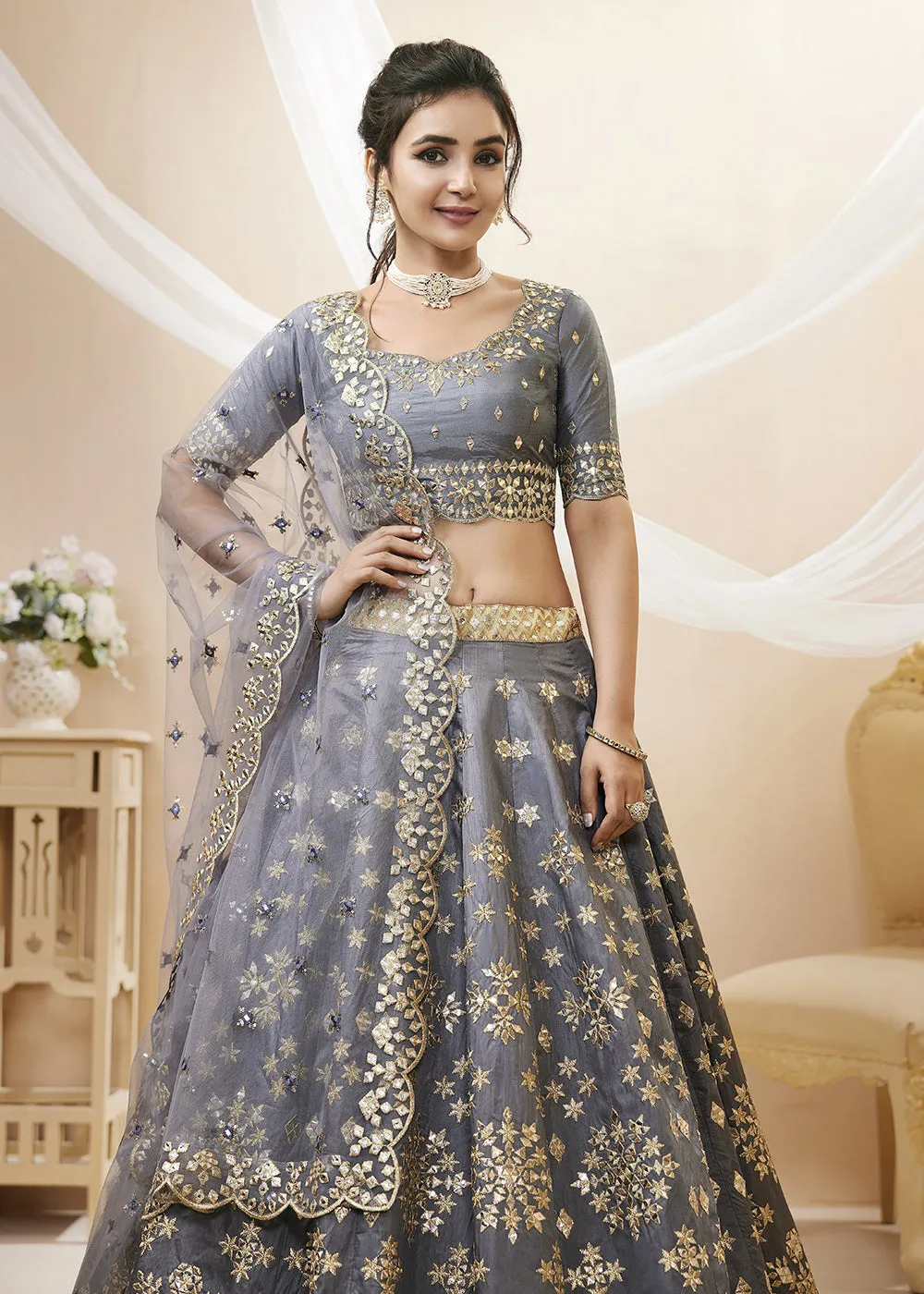 Irresistible Grey Art Silk Embroidered Reception Wear Lehenga Choli