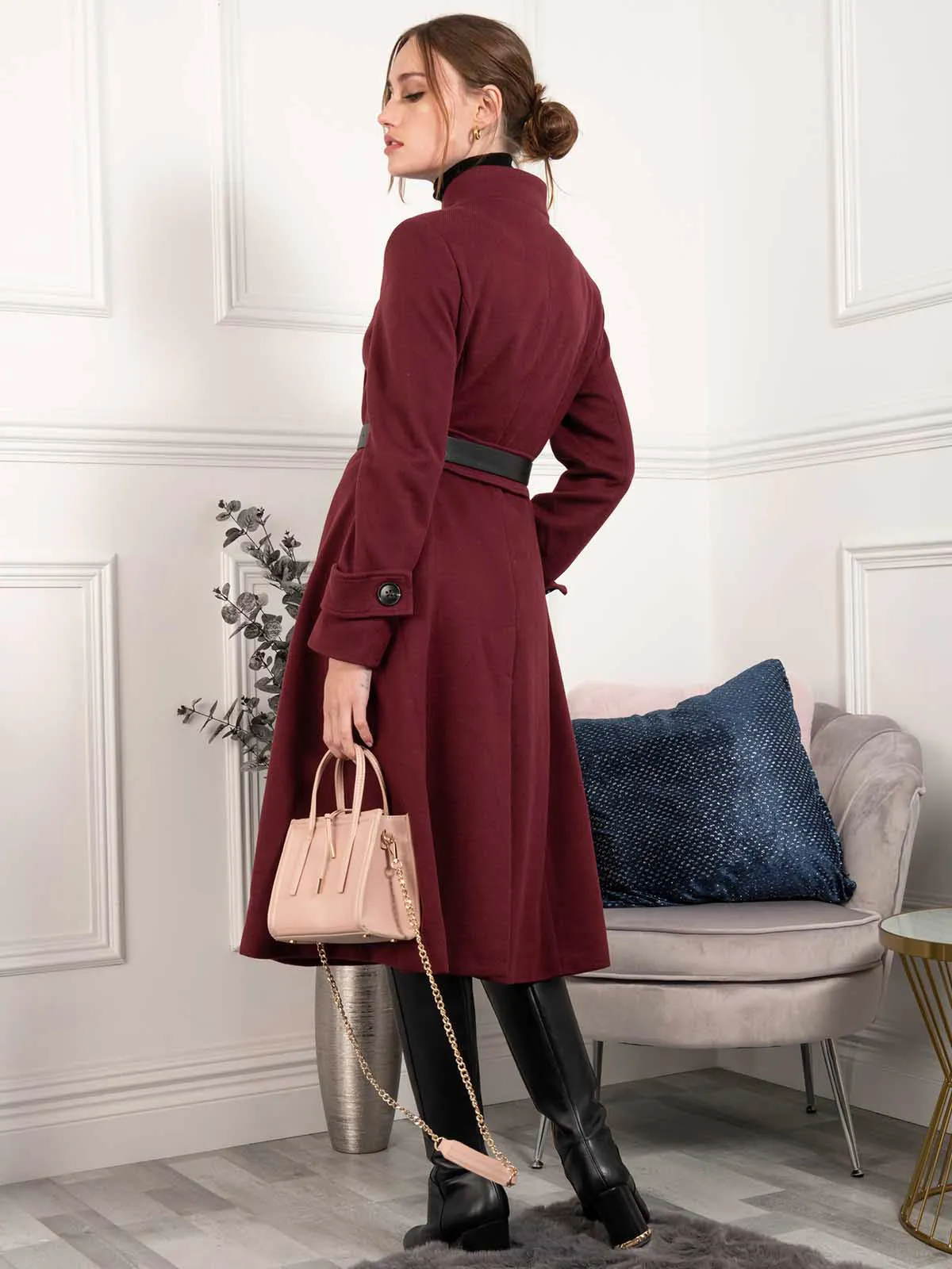 Jolie Moi Kate Fit & Flare Midi Coat, Burgundy