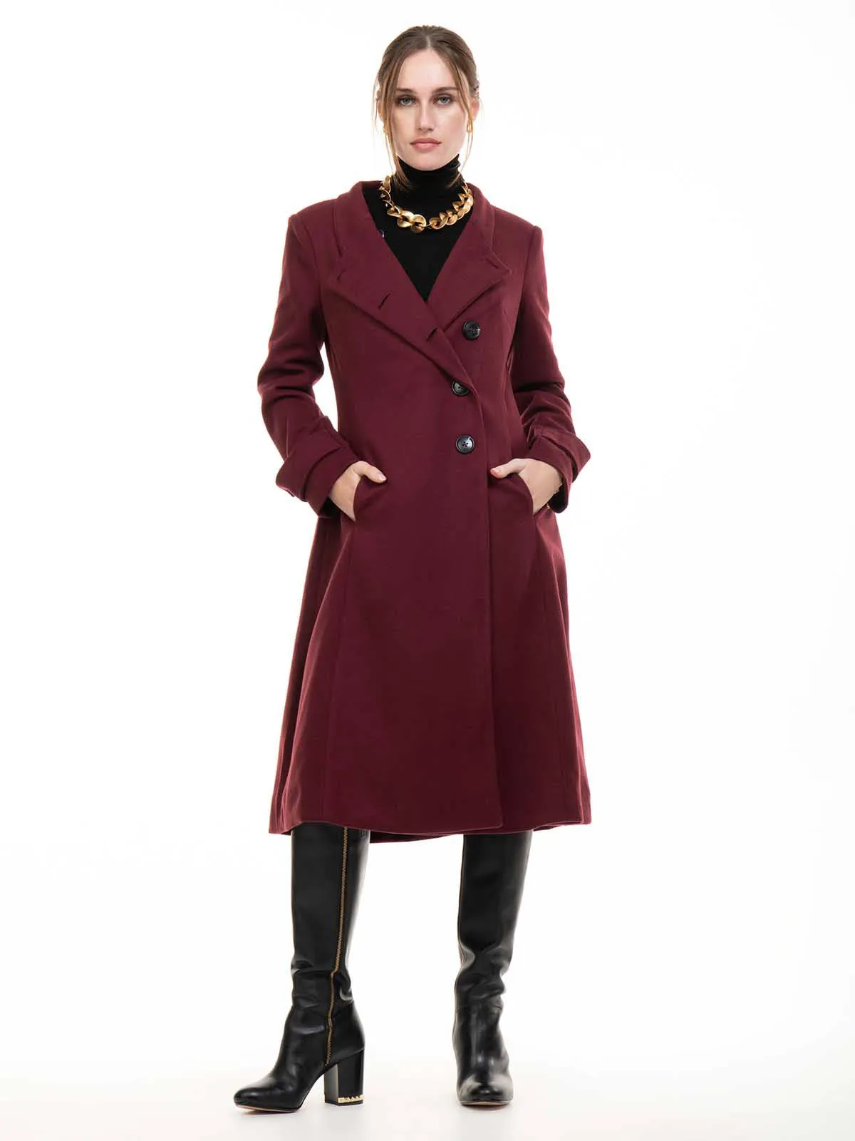 Jolie Moi Kate Fit & Flare Midi Coat, Burgundy