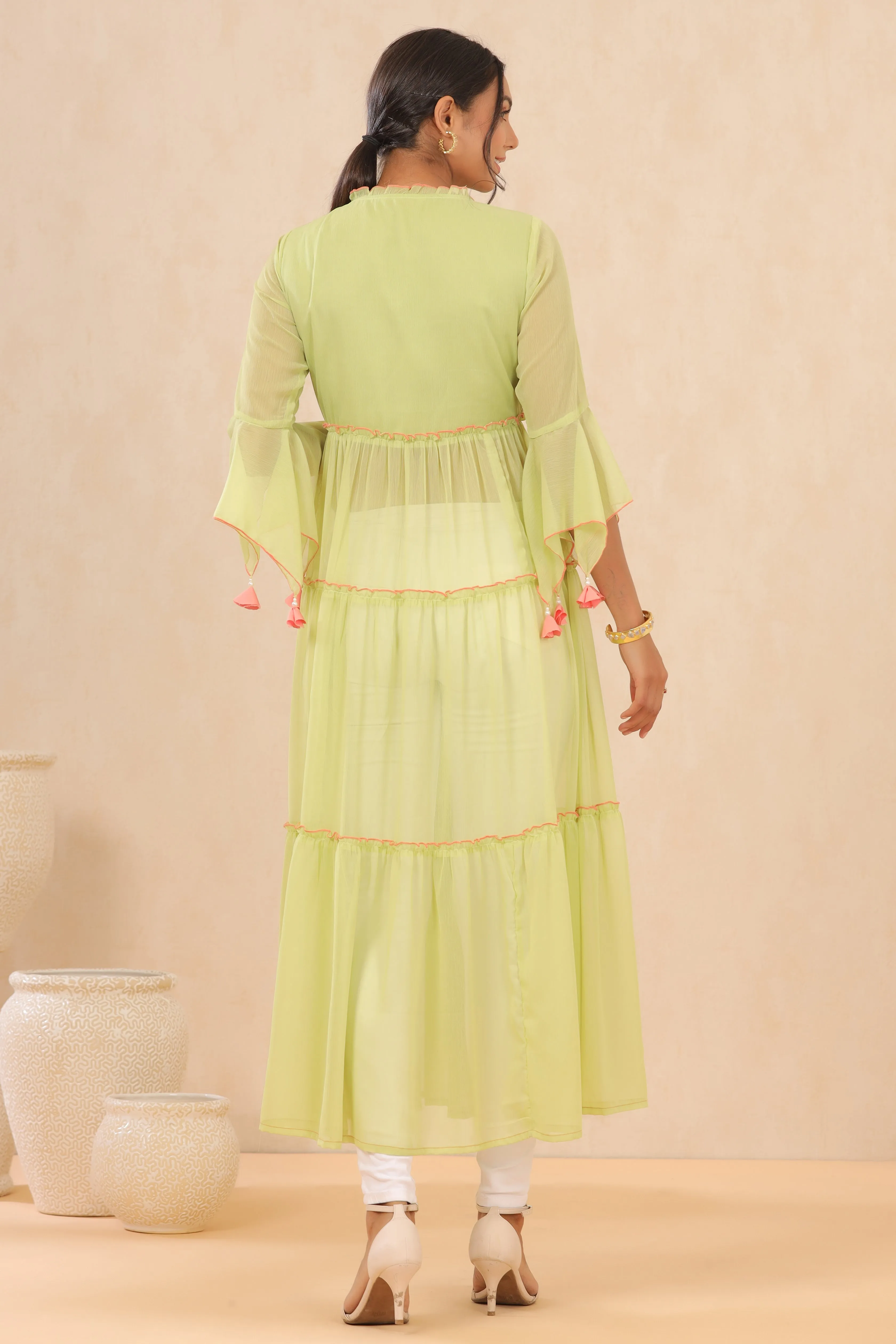 Juniper Green Floral Printed Chiffon Tiered Kurta With Thread Work Embroidery