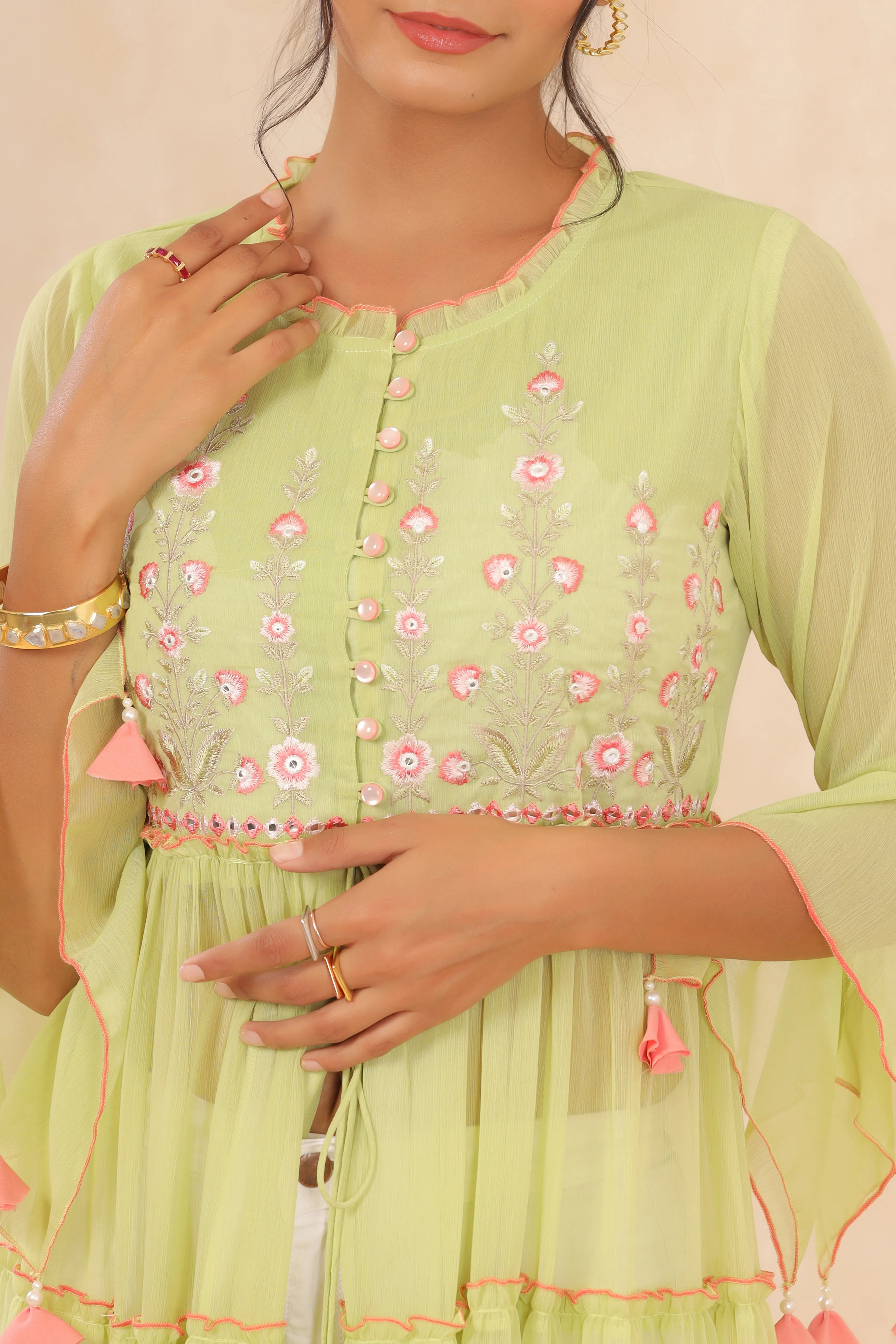 Juniper Green Floral Printed Chiffon Tiered Kurta With Thread Work Embroidery