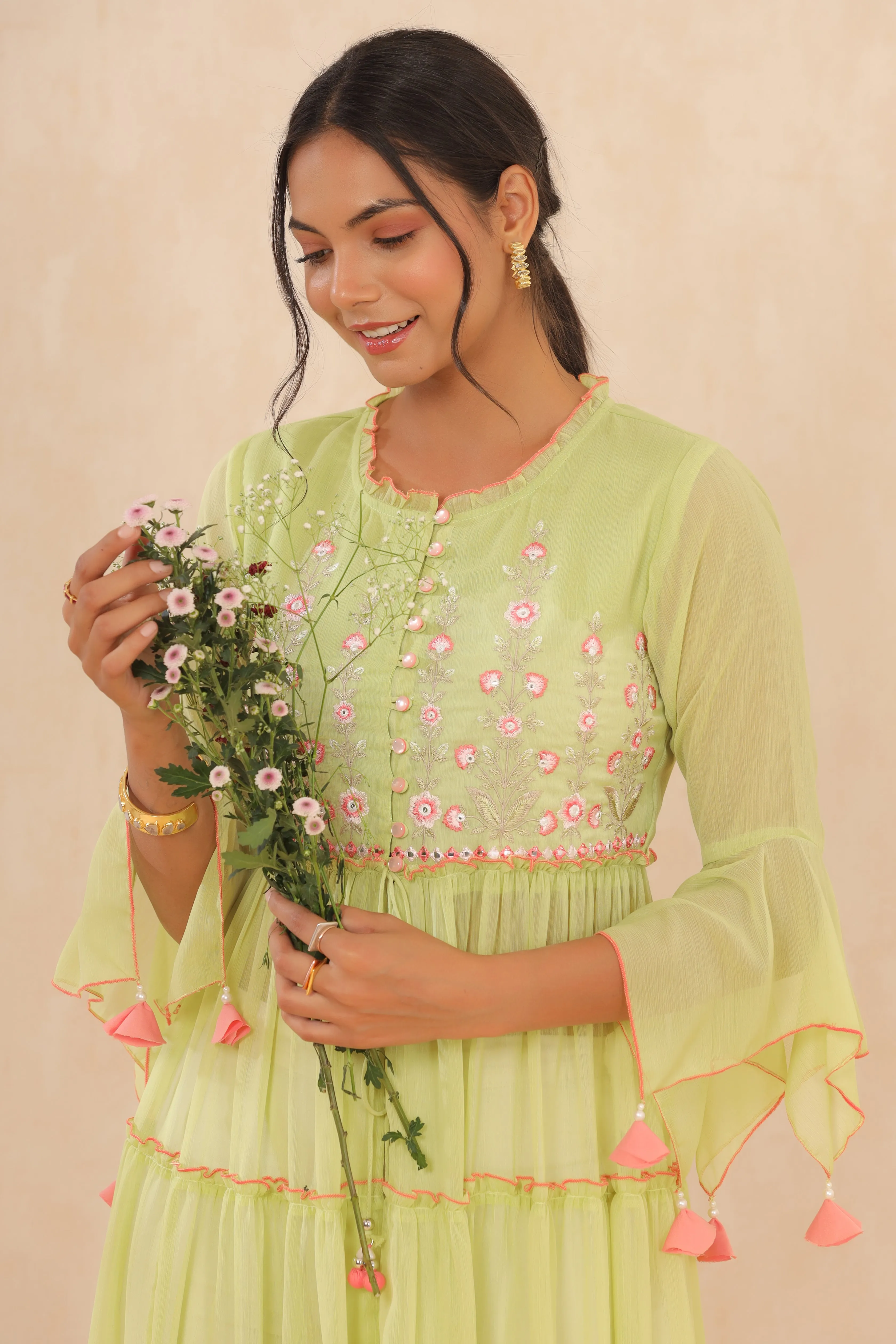 Juniper Green Floral Printed Chiffon Tiered Kurta With Thread Work Embroidery