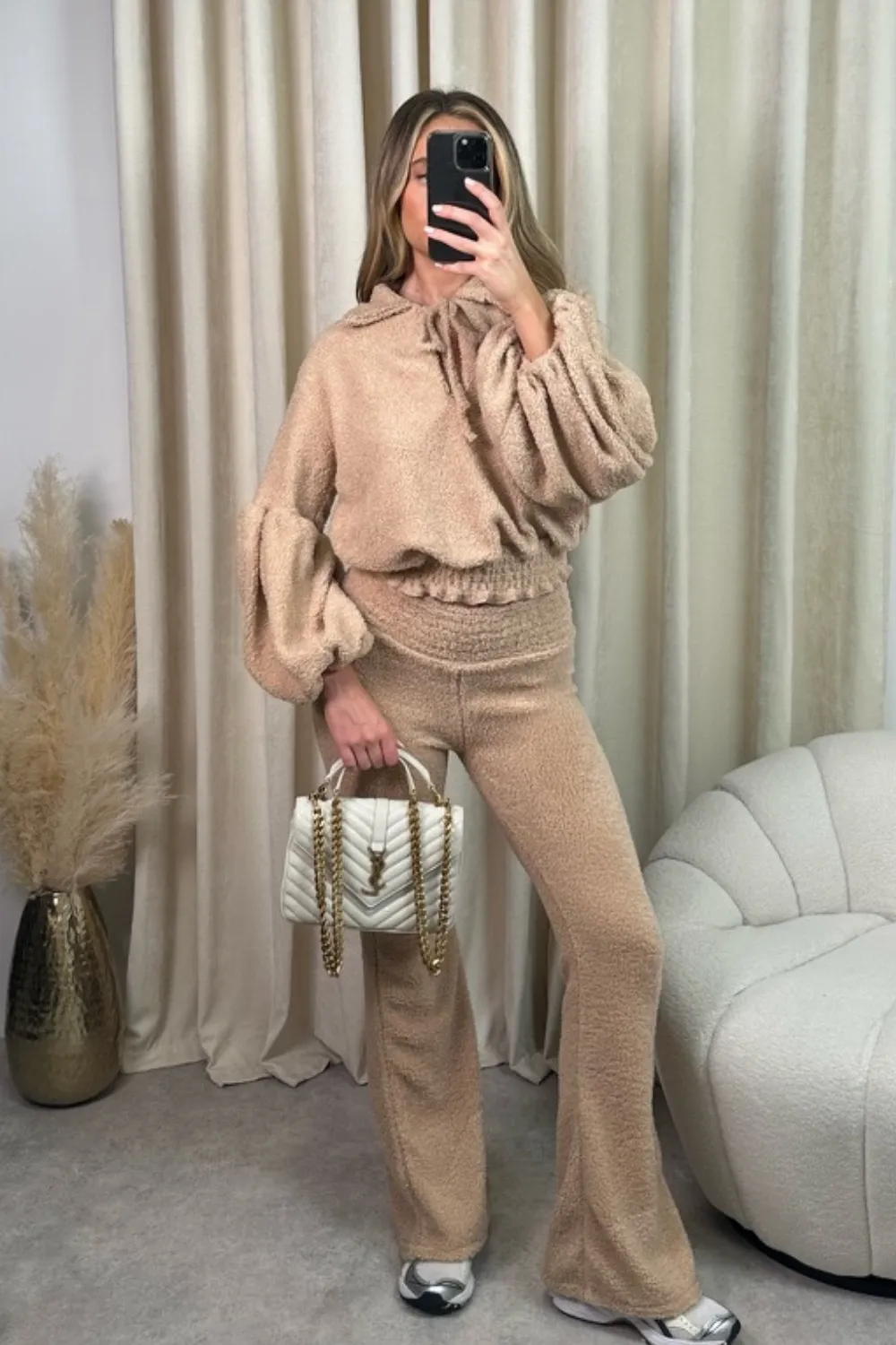 Kat beige teddy blouse and pants co-ord