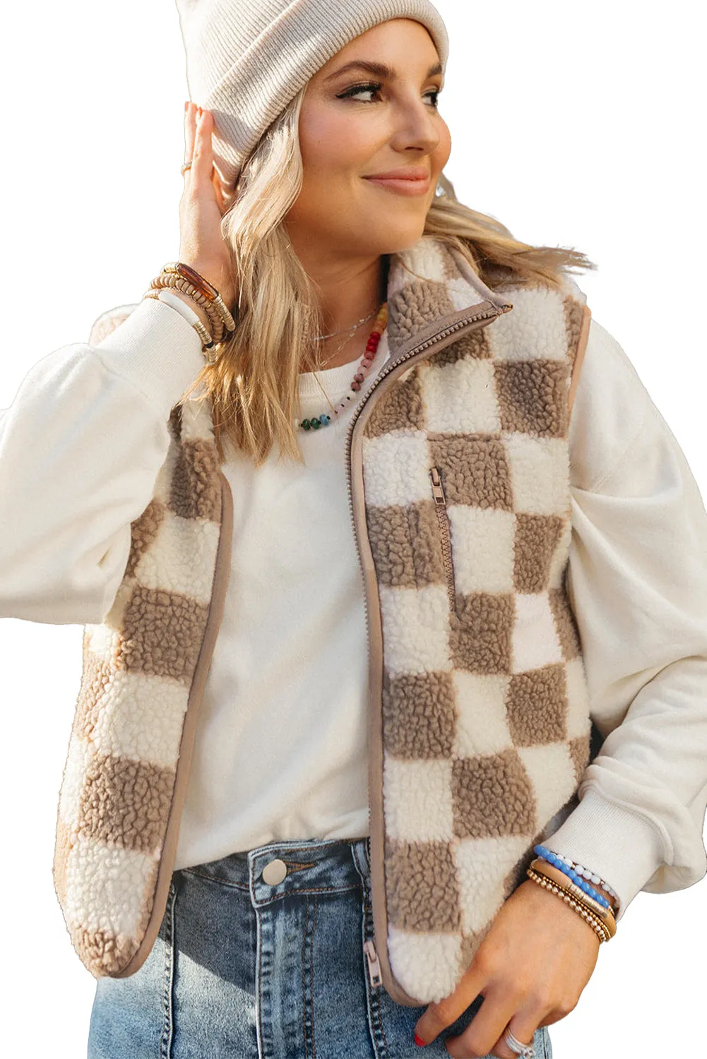 Khaki Checkered Sherpa Collared Jacket Vest