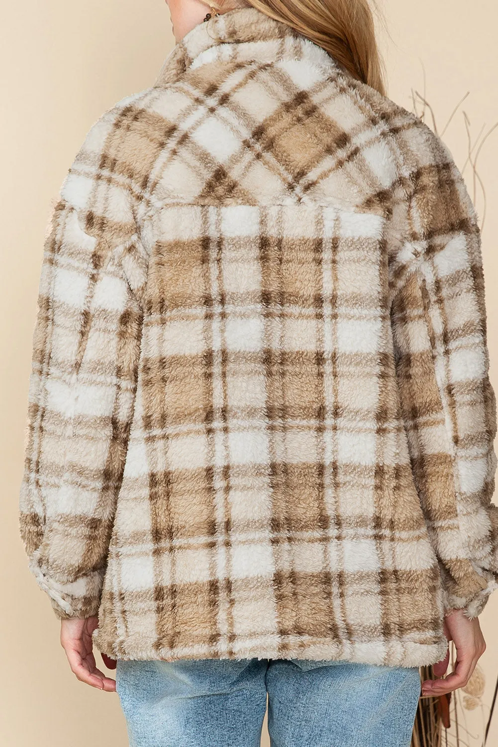 Khaki Sherpa Plaid Button Pocketed Jacket