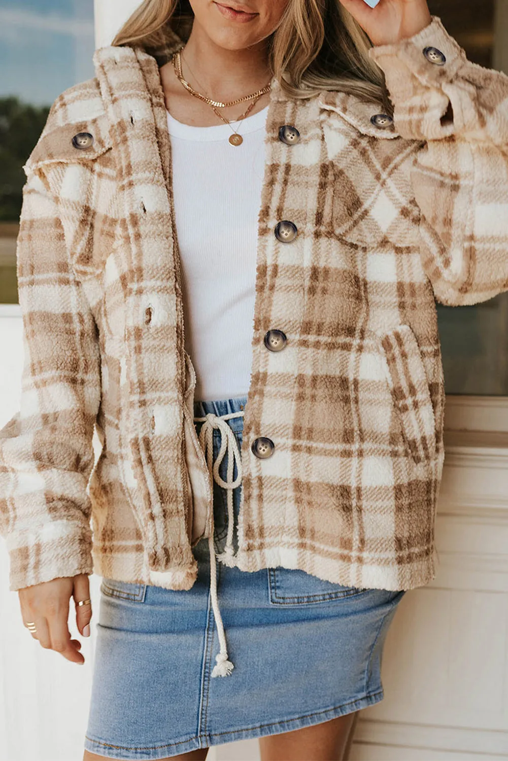 Khaki Sherpa Plaid Button Pocketed Jacket