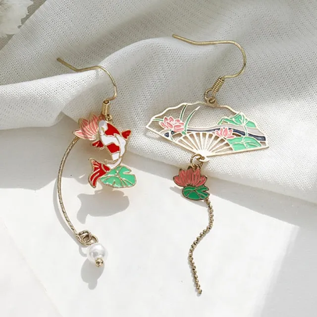 Korean Style Flower Cute Animal Dangle Earrings For Women Moon Stars Kitten Rabbit Balloon Asymmetric Earring Party Jewelry Gift