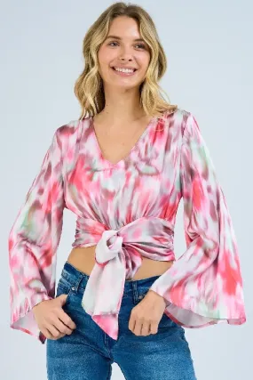 L Love Waist Bowtie Crop Flare Sleeve Top - Pink