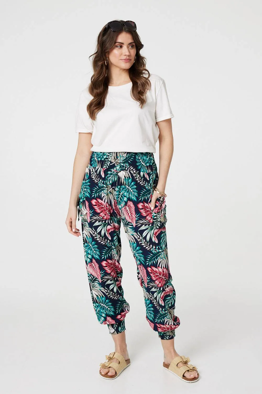 Leaf Print Harem Pants with Pockets