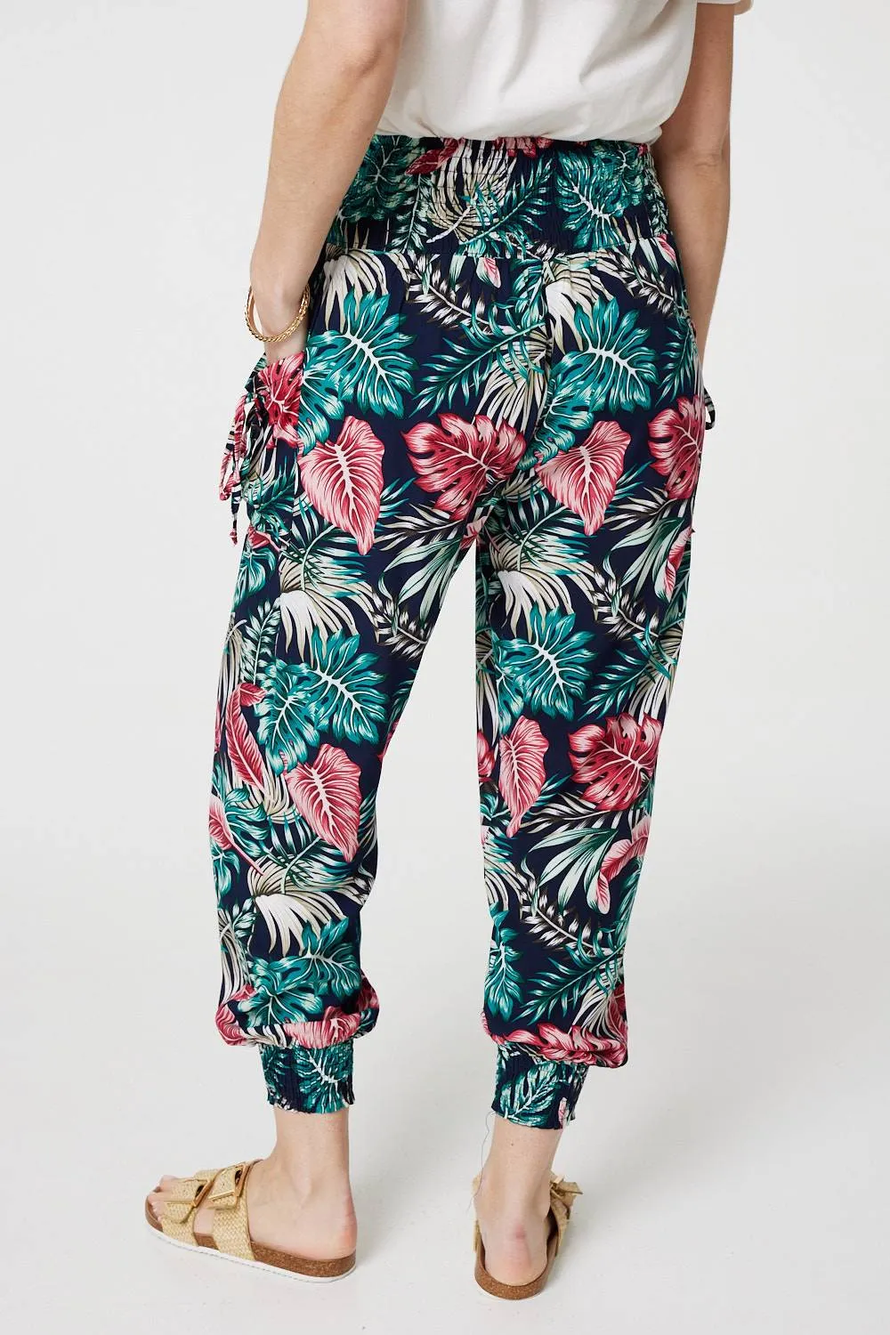 Leaf Print Harem Pants with Pockets