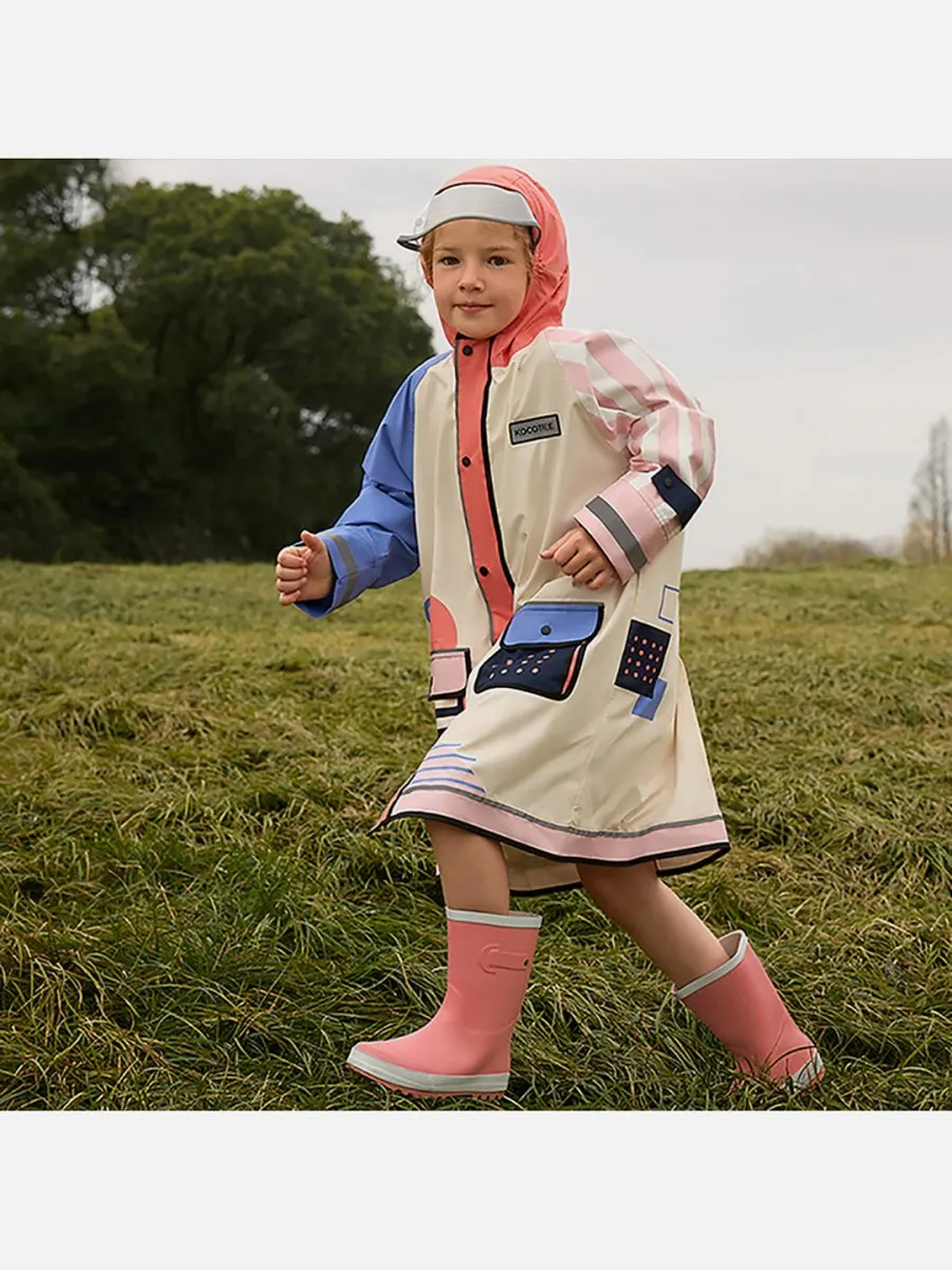 Little Surprise Box Bold Geometric Print Cream & Pink Raincoat for Kids