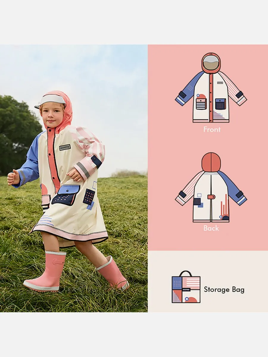 Little Surprise Box Bold Geometric Print Cream & Pink Raincoat for Kids