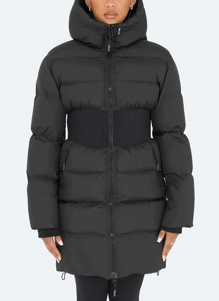 Long Cinched Waist Puffer Jacket - Black