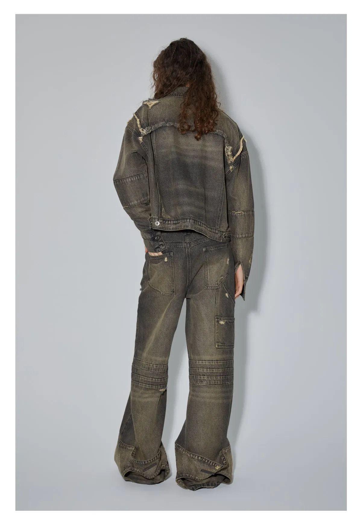 Loose-fit irregular design flared denim pants