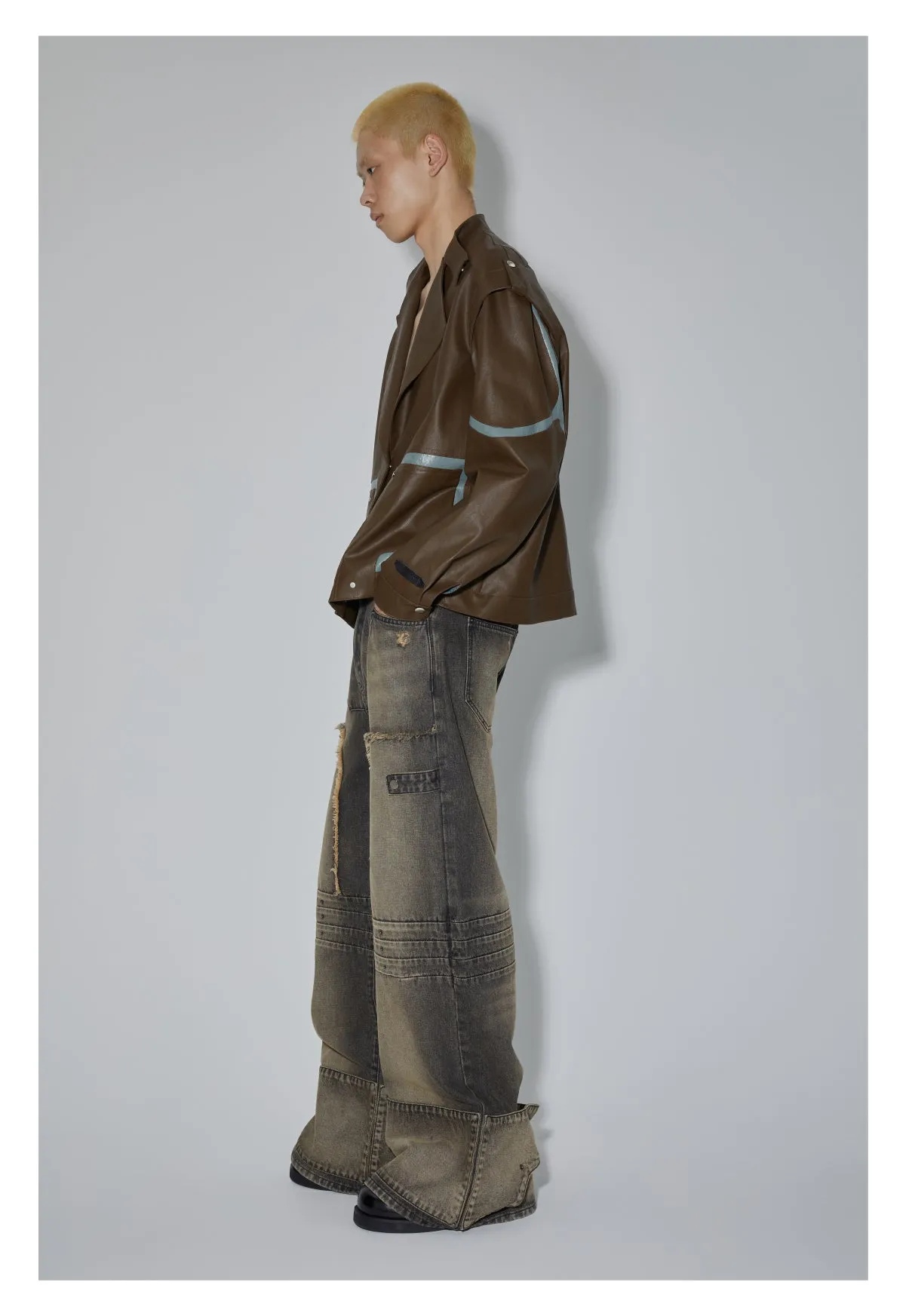 Loose-fit irregular design flared denim pants