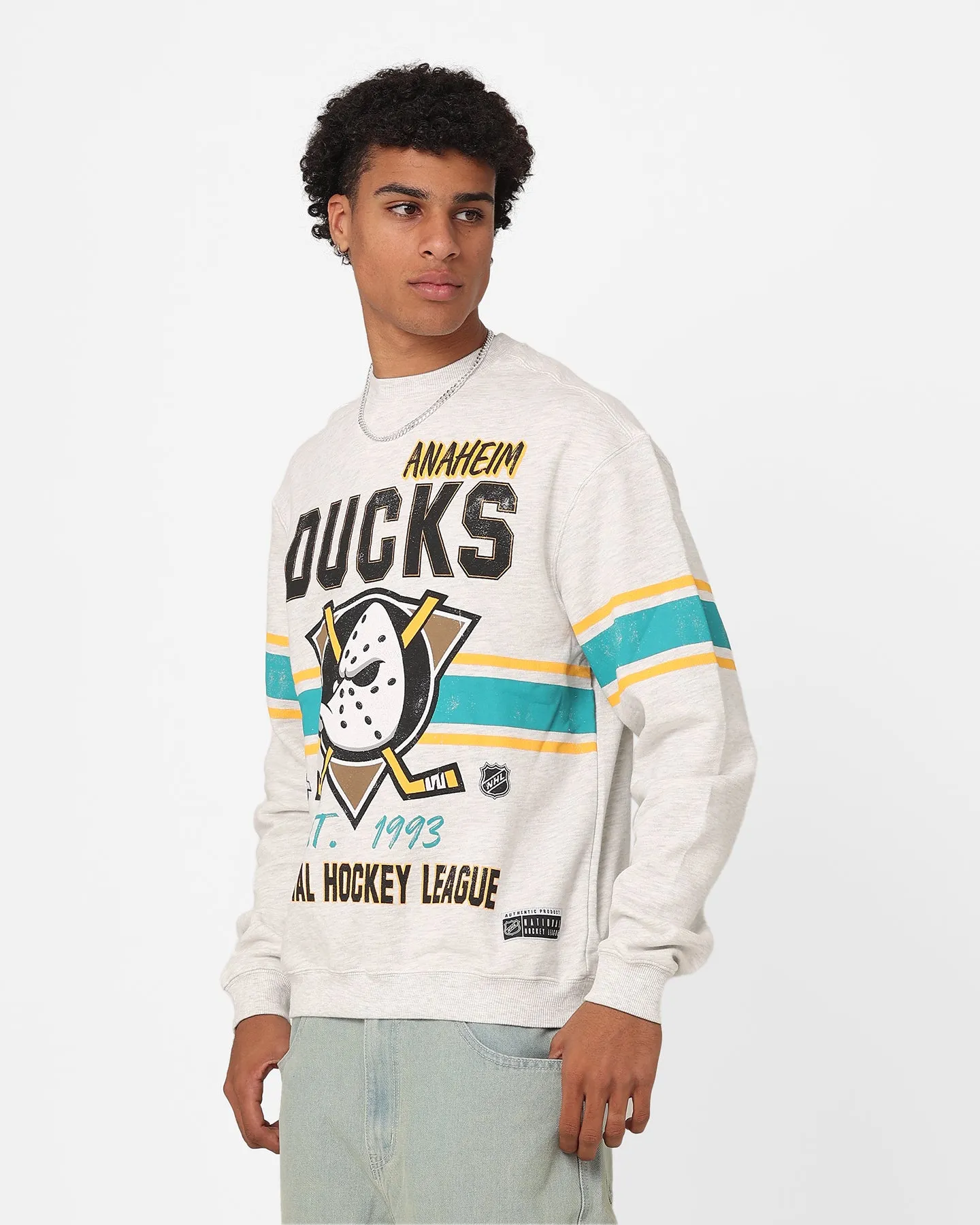 Majestic Athletic Anaheim Ducks Stripe Crest Crewneck Vintage White Marle