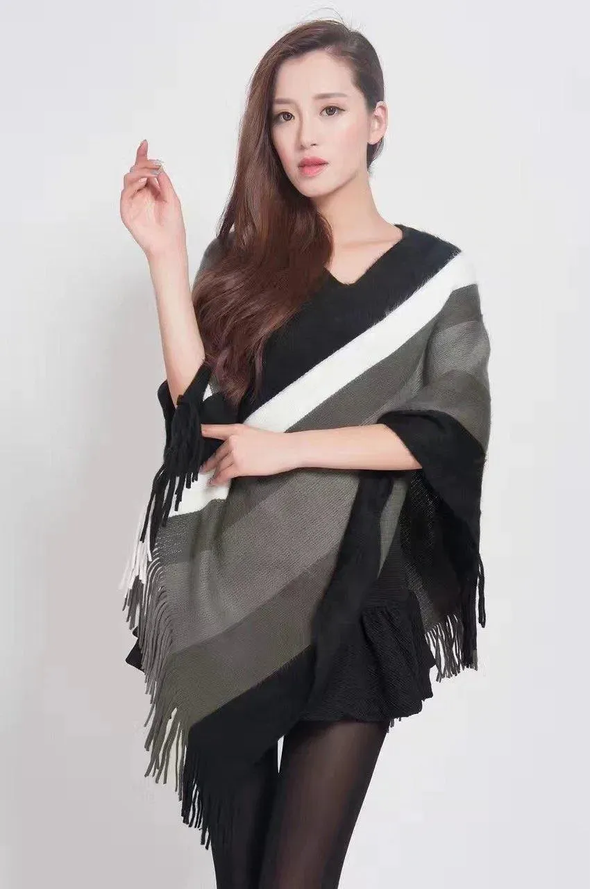 Manra Women Knitted Cape Poncho - Black, White & Grey Strips with Fringe