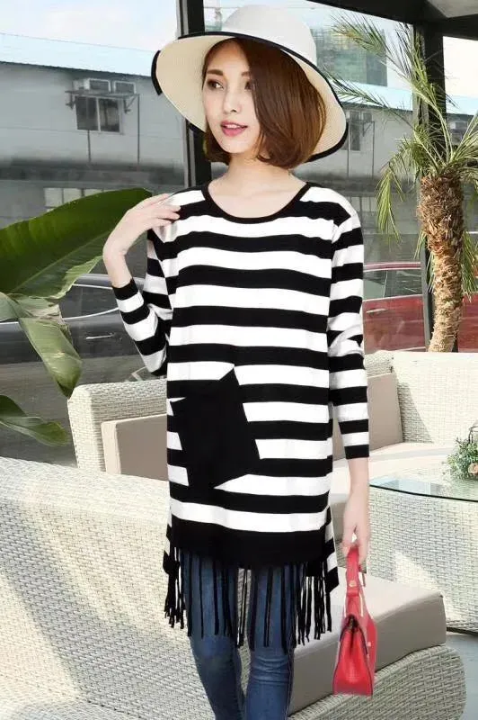 Manra Women Woollen Top - White Black Strips with pocket with Fringe