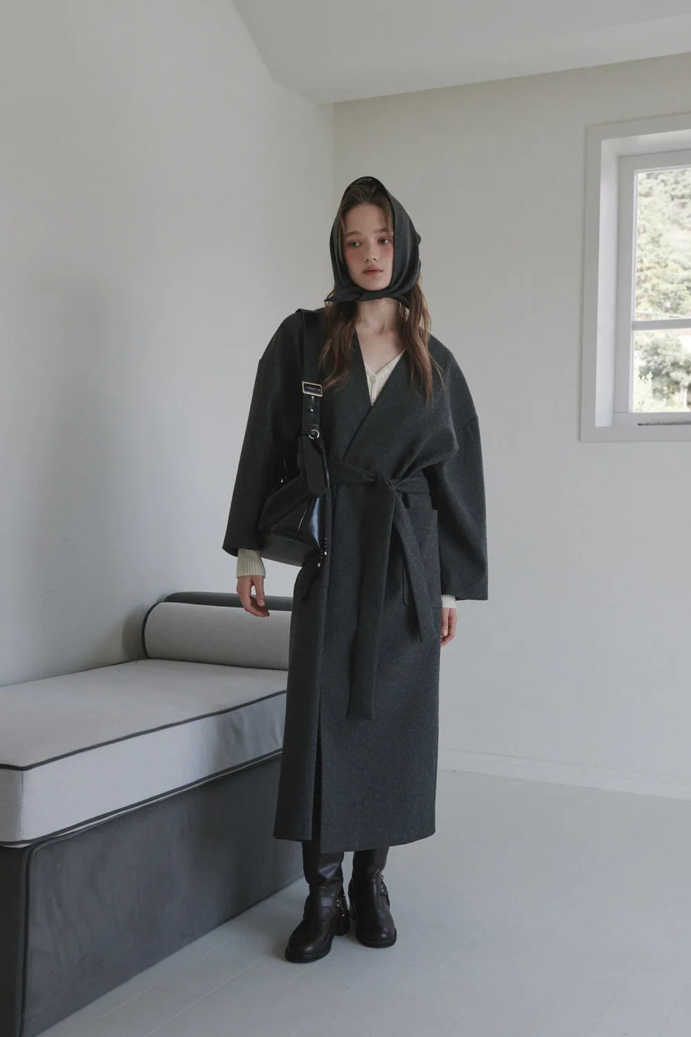 [MAUSOLEUM] FW 24 Helena wool head scarf coat set-Grey