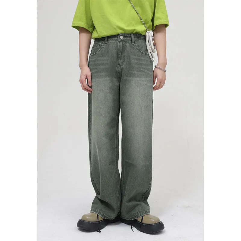 Men Loose Wash Mid Rise Green Jeans