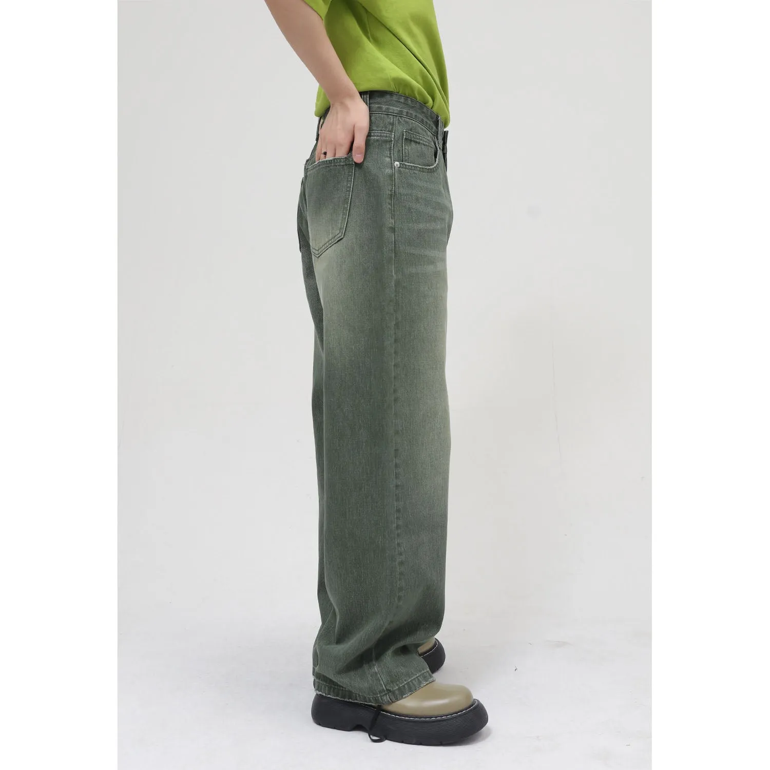 Men Loose Wash Mid Rise Green Jeans