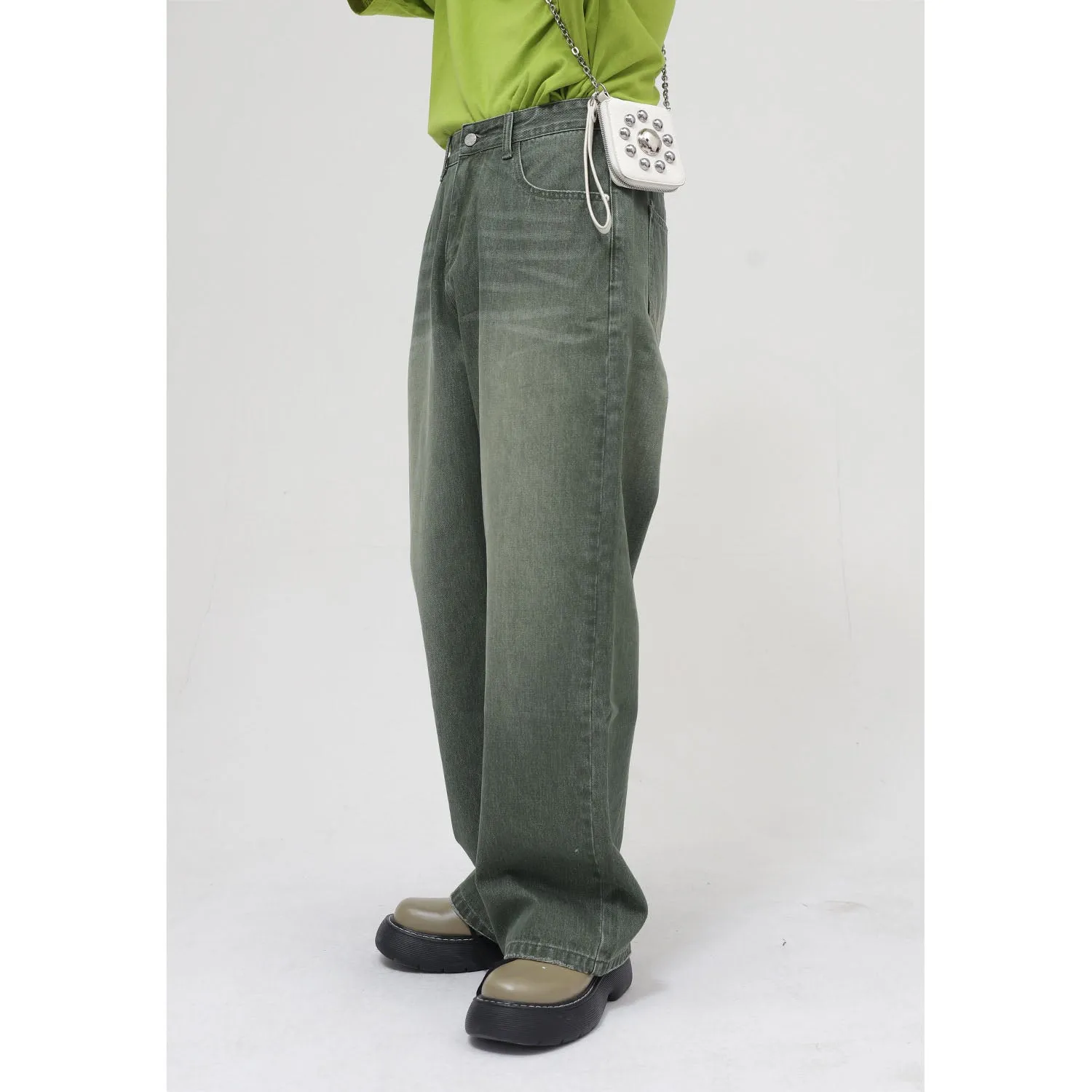 Men Loose Wash Mid Rise Green Jeans