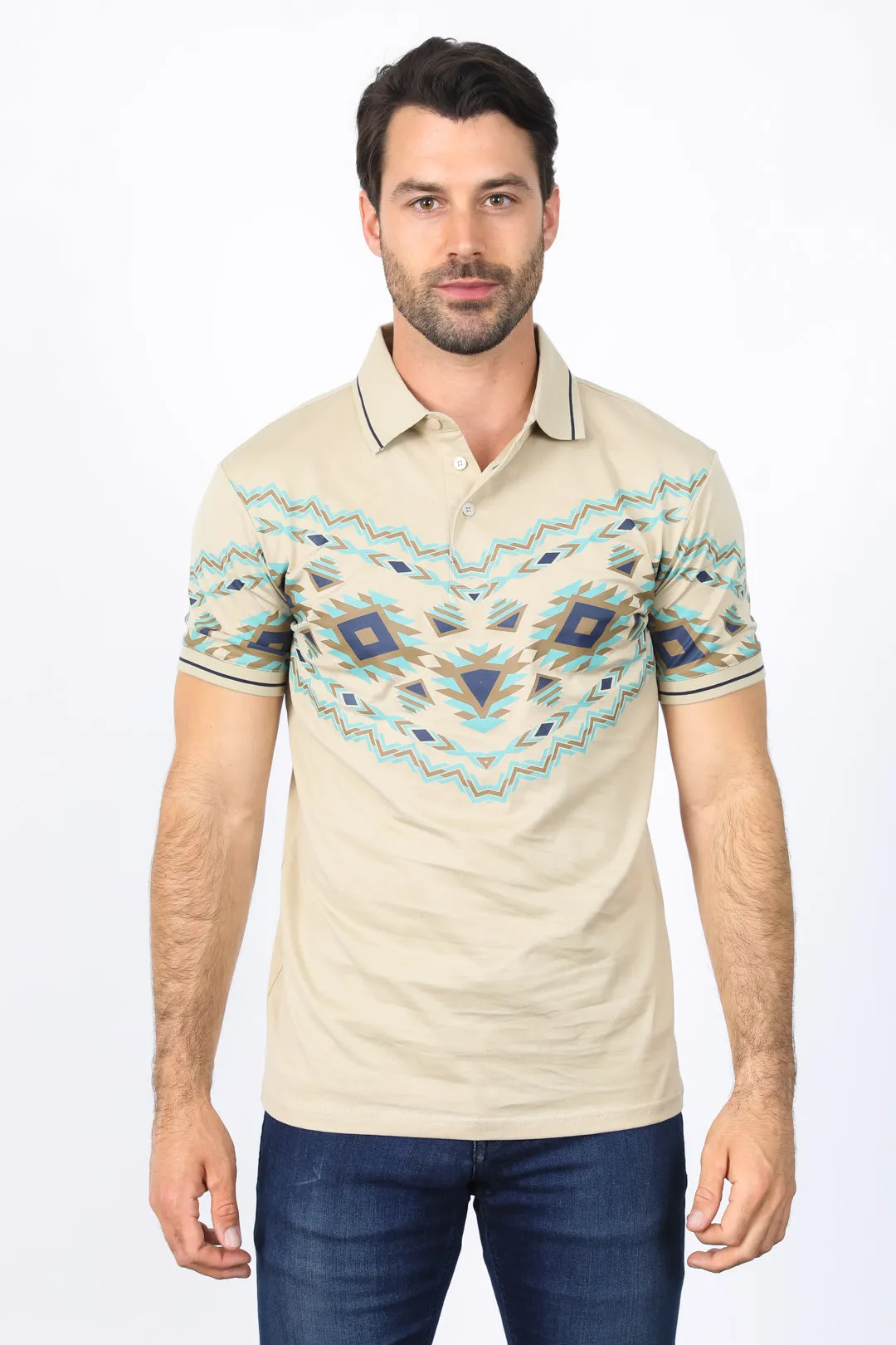 Men's Beige Aztec Panoramic Print Polo