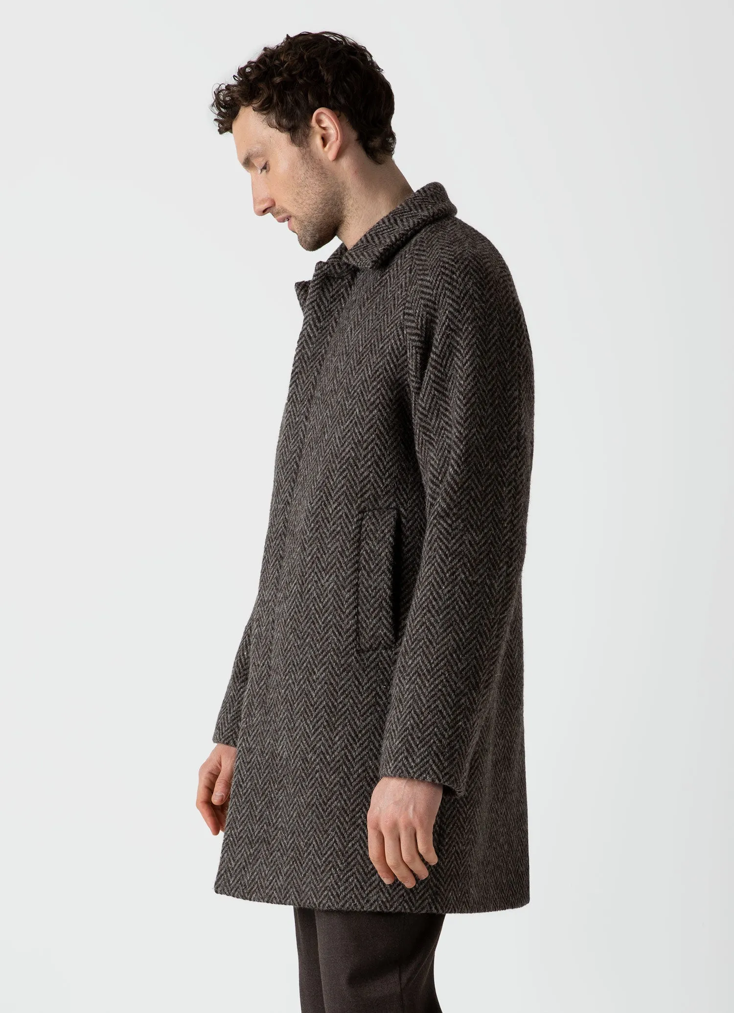 Men's British Wool Car Coat in Brown Herringbone