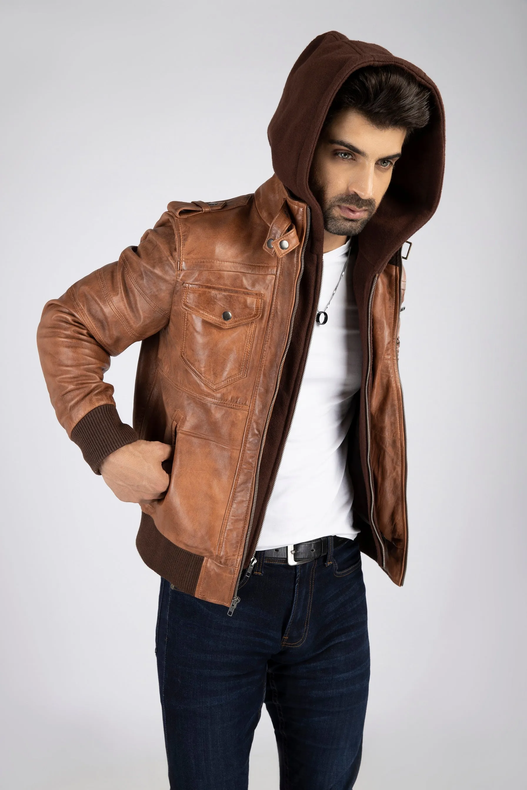 Mens Corey Genuine Lambskin Leather Distressed Hooded Bomber Jacket