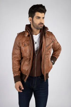 Mens Corey Genuine Lambskin Leather Distressed Hooded Bomber Jacket