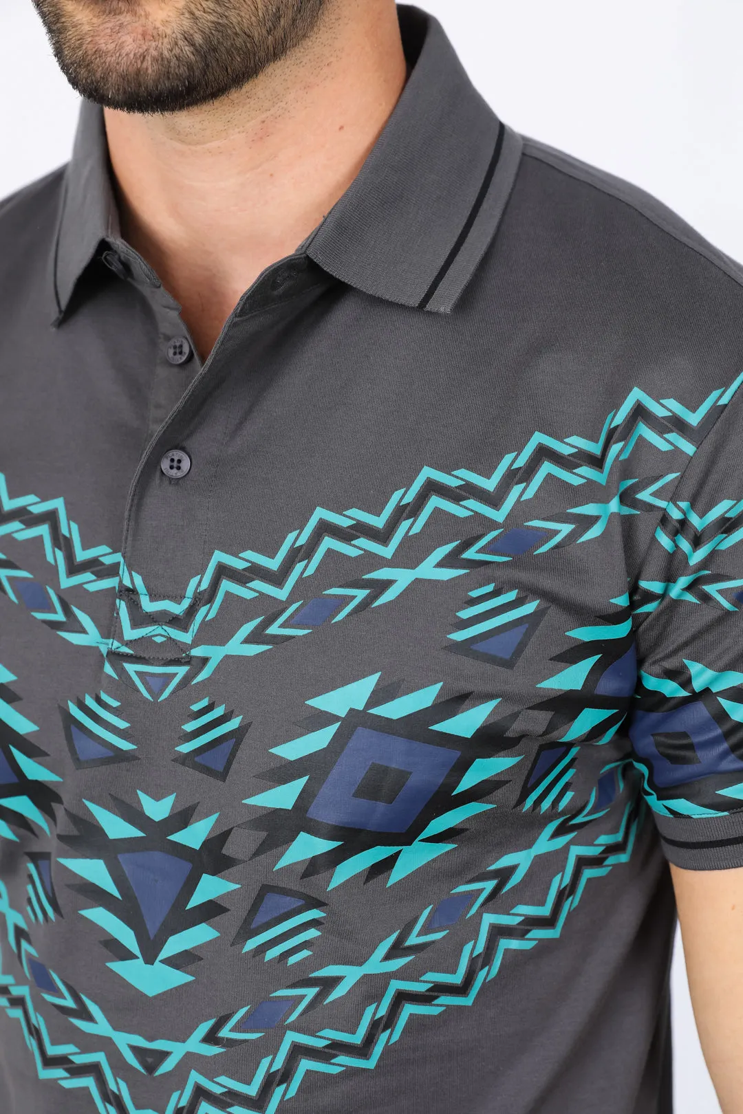 Men's Grey Aztec Panoramic Print Polo