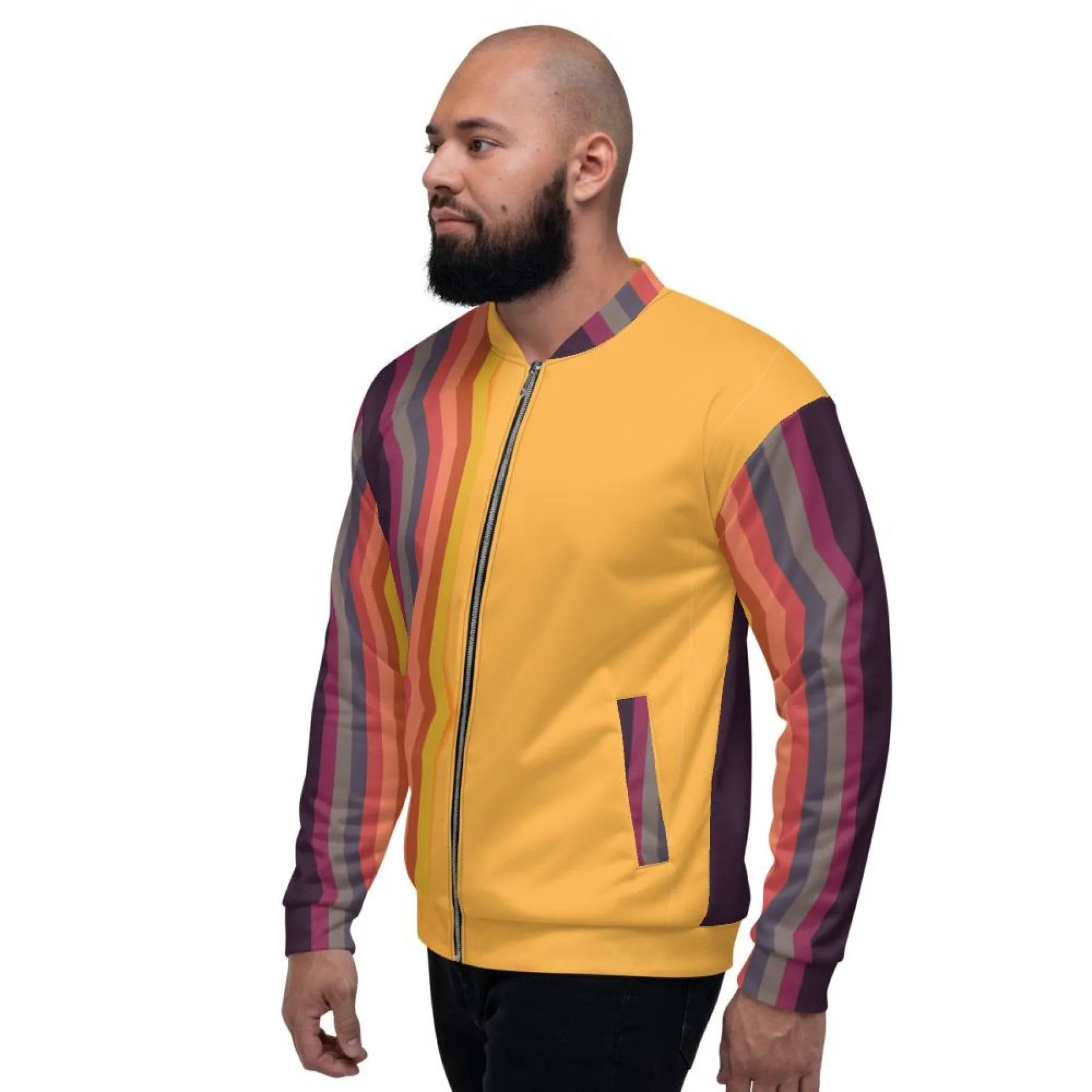 Mens Jacket - Edgy Retro Striped Bomber Jacket Orange/Black