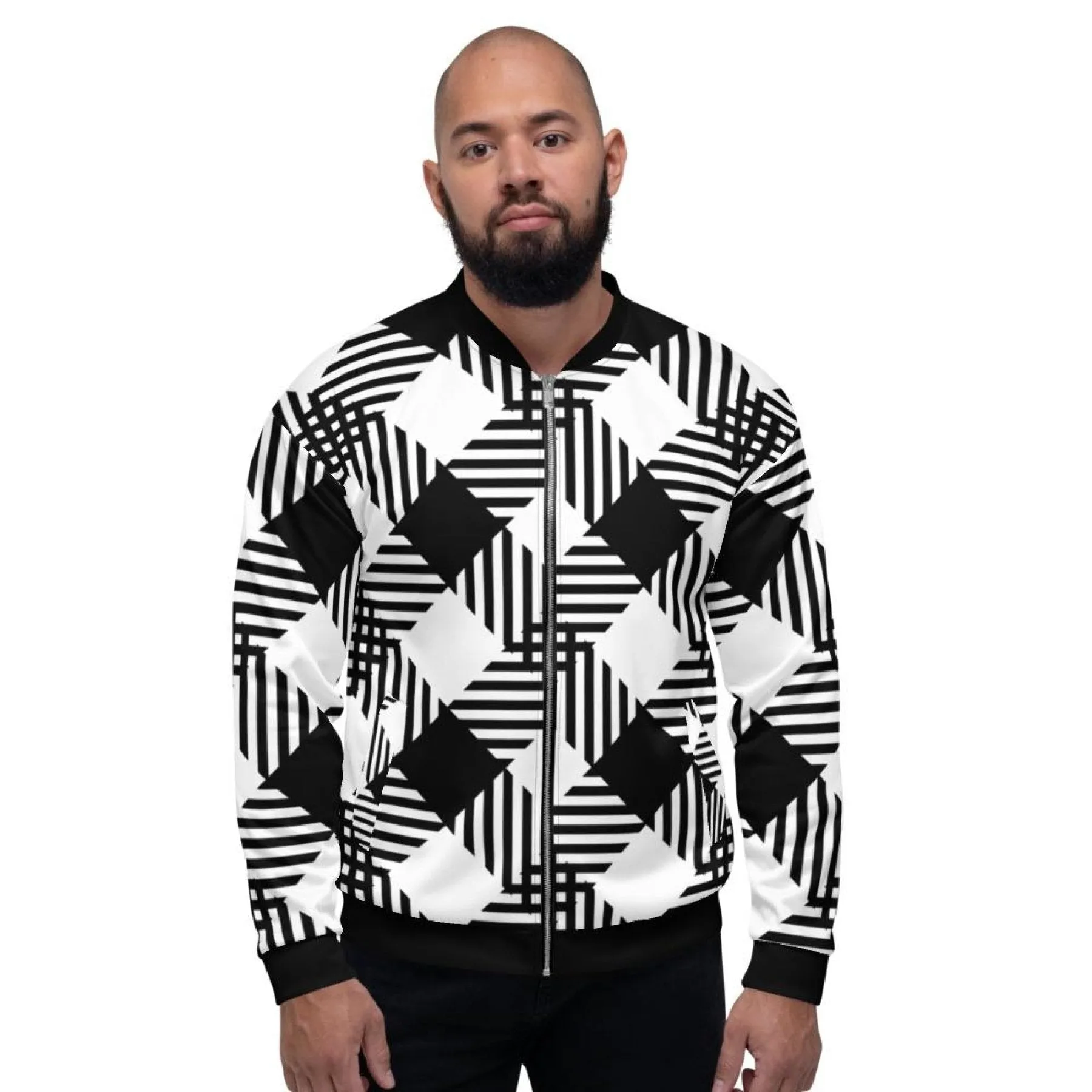 Mens Jacket - Tartan Plaid Colorblock Bomber Jacket Black/White