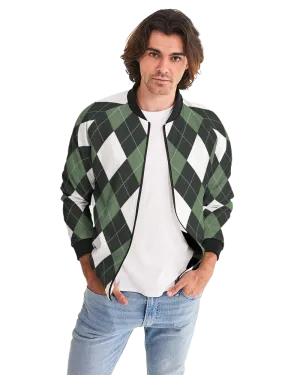 Mens Jacket - Tartan Plaid Trendy Bomber Jacket Green/White