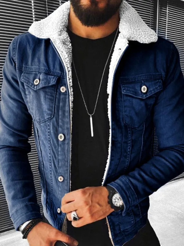 Men's Plush Style Thickened Denim Outer Jacket