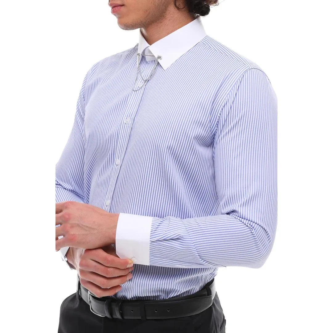 Mens Stripe Button Down Poplin Shirt With Bar & Chain Smart Formal Classic