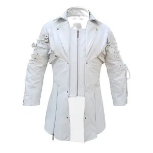 Mens White Leather Goth Matrix Trench Coat Steampunk Gothic - T18-WHT