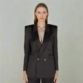 Metaversmall Elegant Patchwork Button Solid Blazers For Women Notched Collar Long Sleeve Spliced Pockets Minimalist Slimming Coat Female