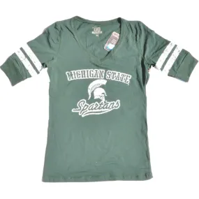 Michigan State Spartans Glitter Gear Women Green 1/2 Sleeve Long V-Neck T-Shirt