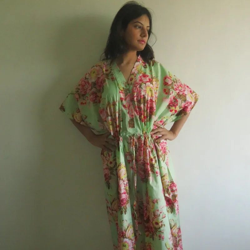 Mint Floral Rosy Red Posy V-Neck Button Down to Waist, Ankle Length, Cinched Waist Caftan