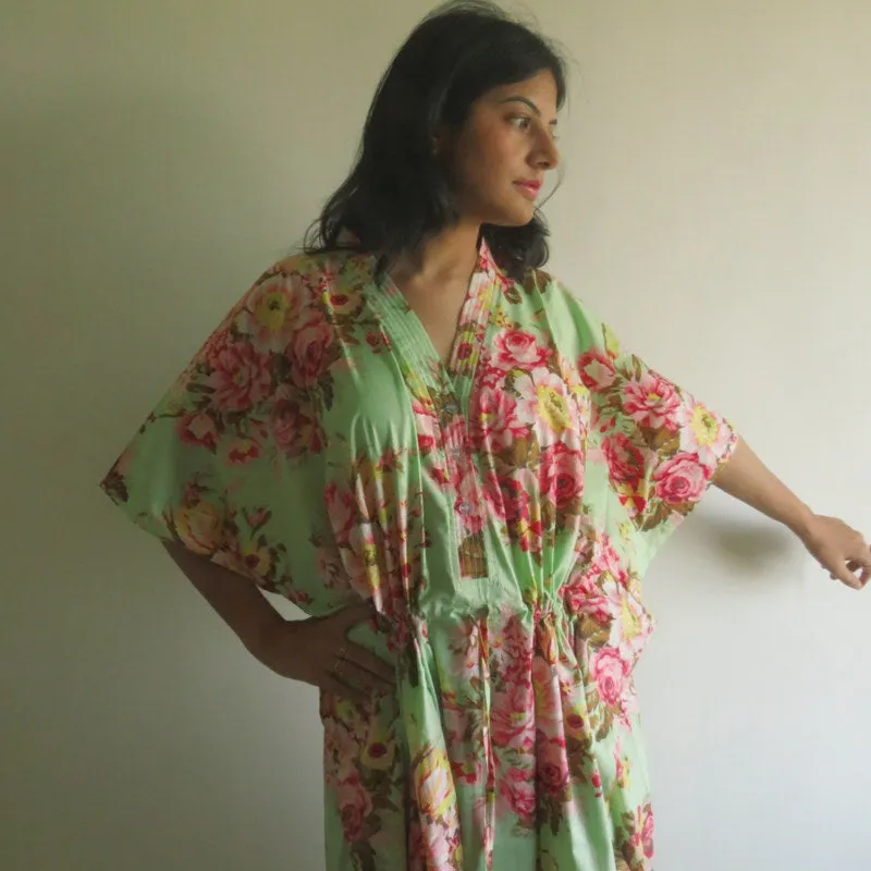 Mint Floral Rosy Red Posy V-Neck Button Down to Waist, Ankle Length, Cinched Waist Caftan