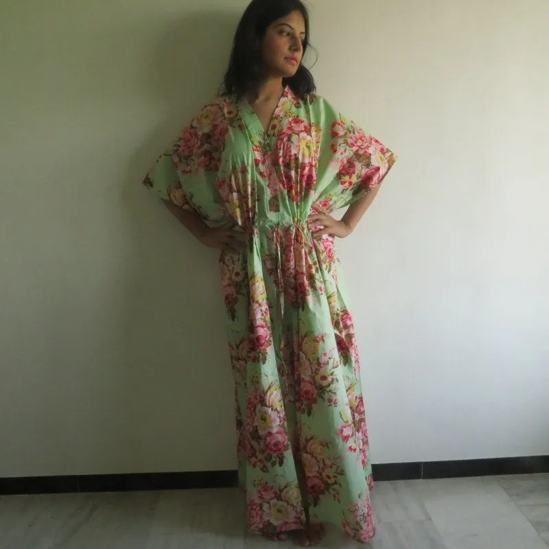 Mint Floral Rosy Red Posy V-Neck Button Down to Waist, Ankle Length, Cinched Waist Caftan