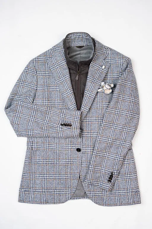 Navy & Brown Plaid Blazer with Detachable Vest