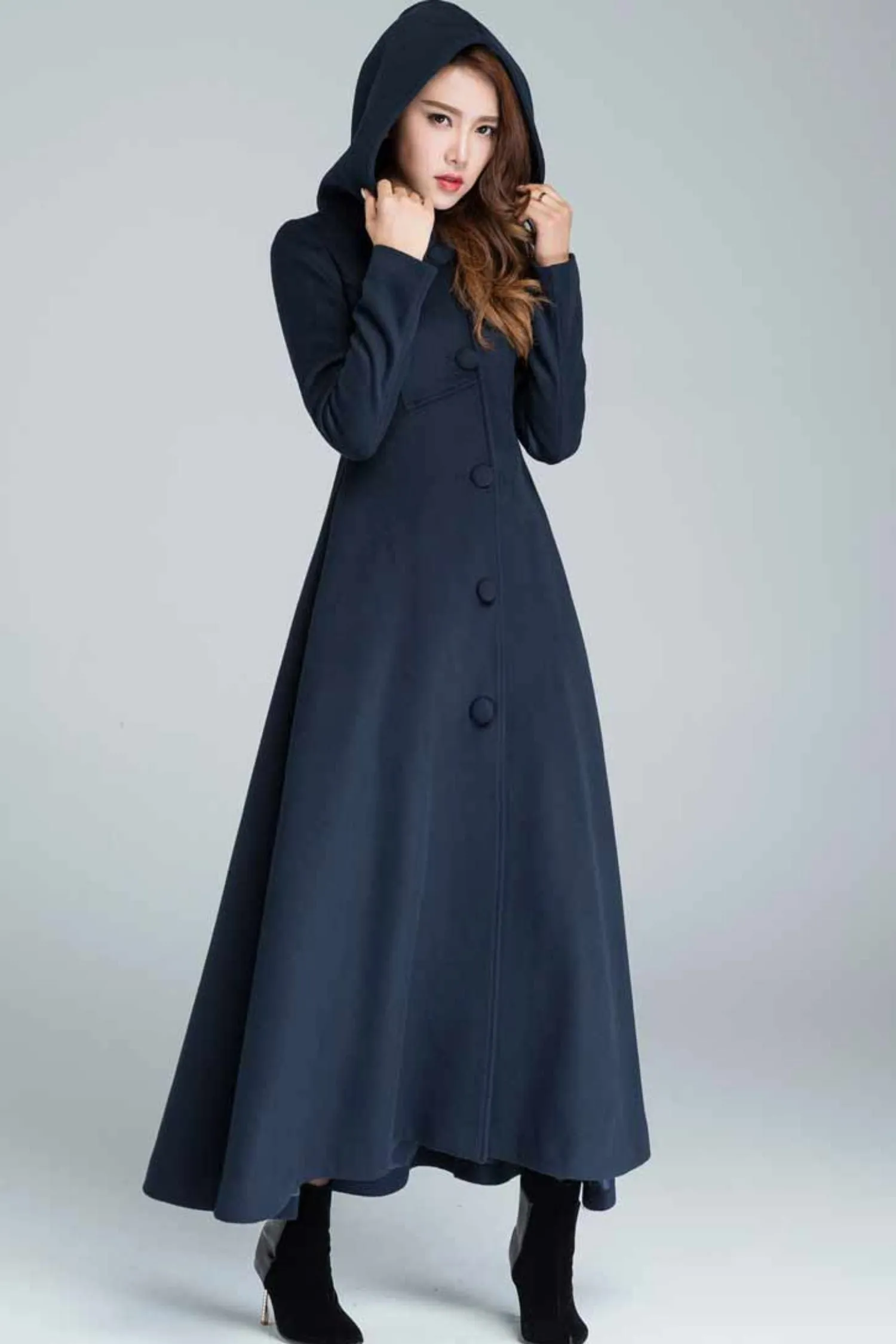 Navy blue maxi wool coat with hood 1637#