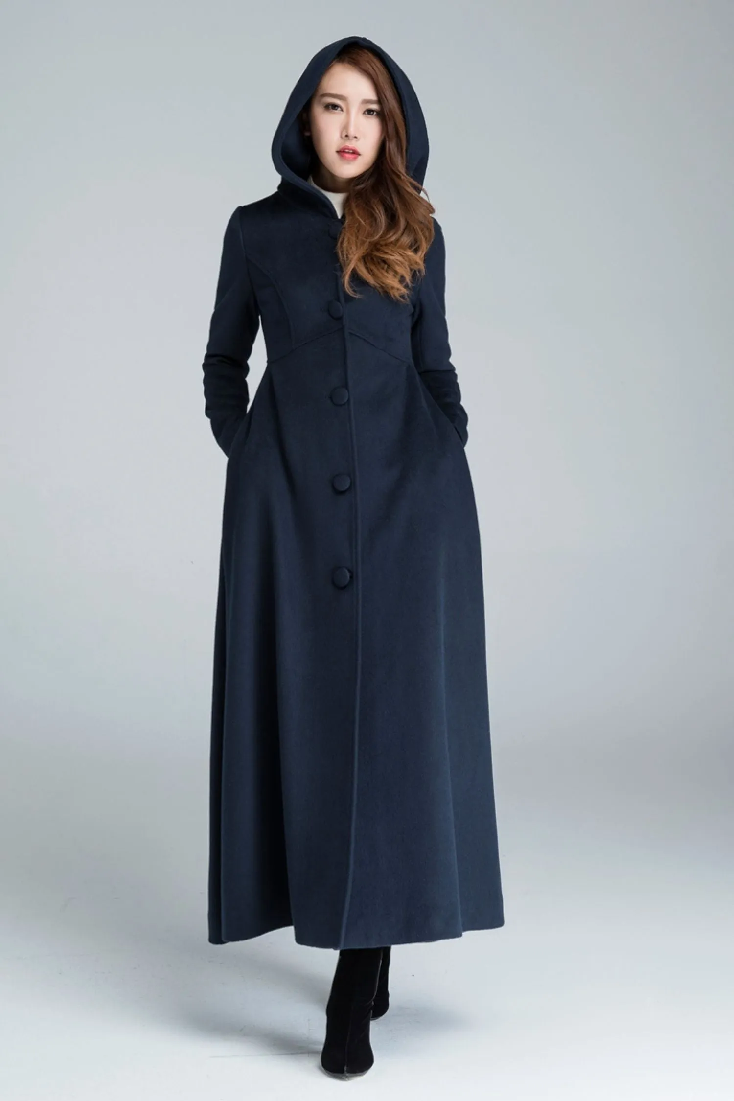 Navy blue maxi wool coat with hood 1637#